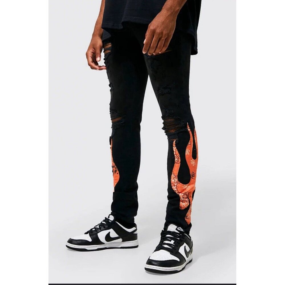 Boohoo Man Jeans Mens Size 30 Flame Handkerchief Detail Measures 29 X 31 Black